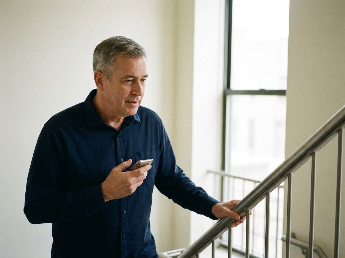 Man in his fifties pausing on a staircase landing