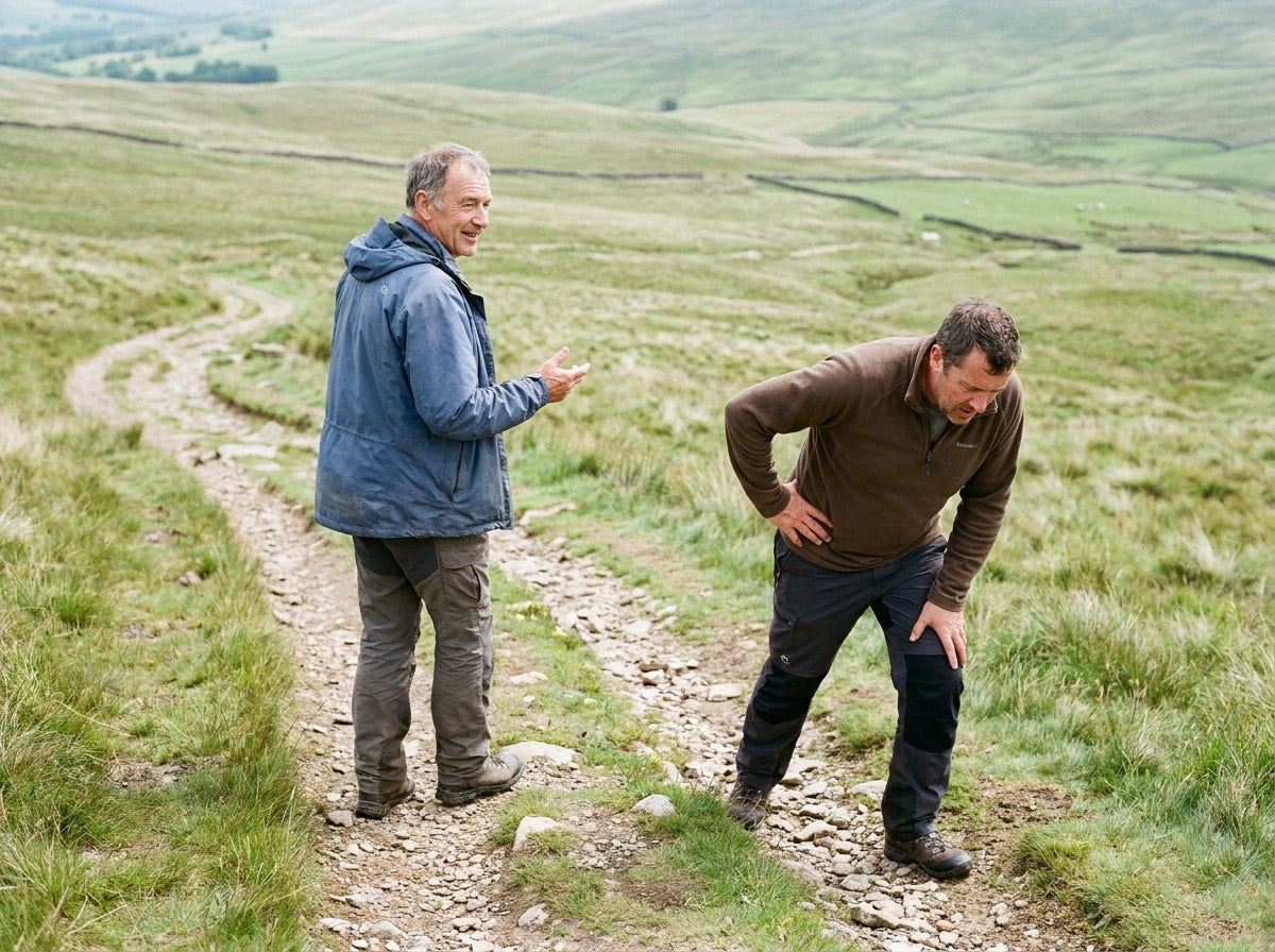 Two men the same age on a hillside path